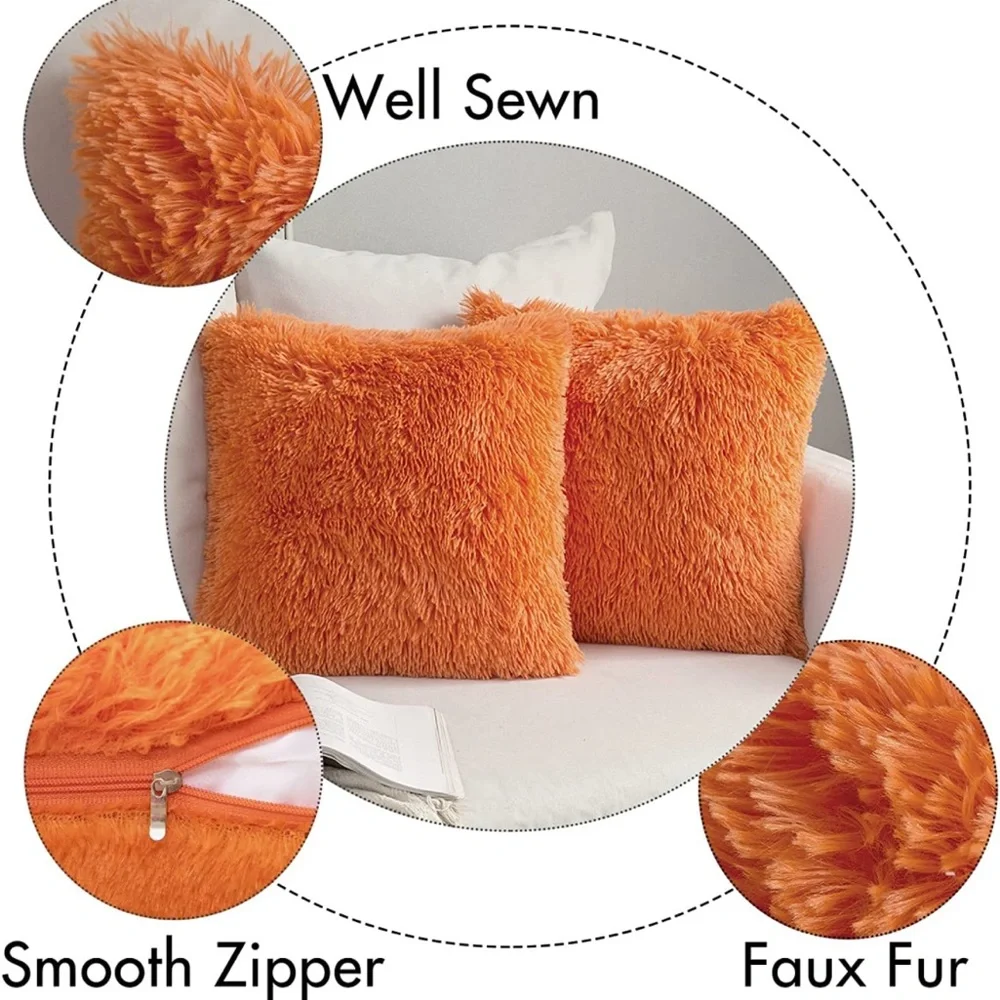 Luxury Home | Chic Bright Orange Soft Plush Faux Fur Throw Pillow Covers